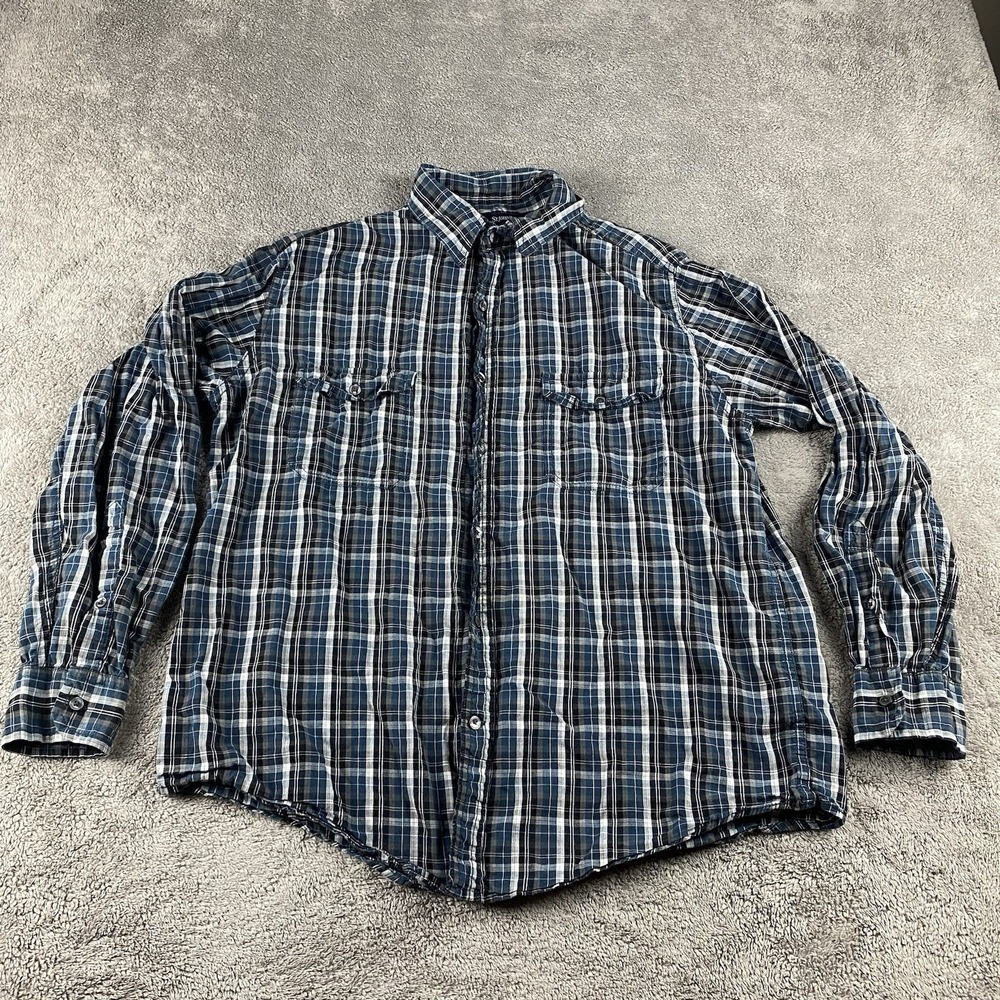 St Johns Bay Button Up Shirt Mens Large Blue Plaid Long Sleeve